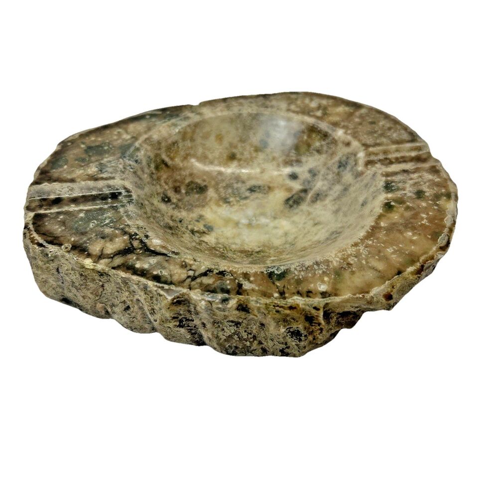 Vintage Alabaster Hand Carved Ashtray Raw Edge Italy Green Brown Tan MCM